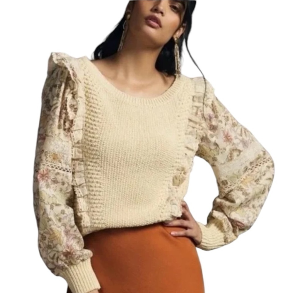 ANTHROPOLOGIE Cream Sweater Lace Floral Ruffle Chunky Knit Cottagecore Size S